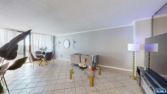 tiled dining space with crown molding and a textured ceiling