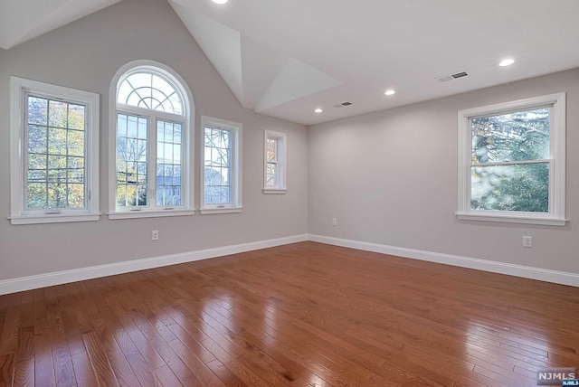 spare room with plenty of natural light, dark wood-type flooring, and vaulted ceiling