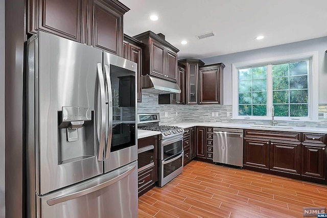 kitchen with sink, tasteful backsplash, light hardwood / wood-style floors, dark brown cabinetry, and stainless steel appliances