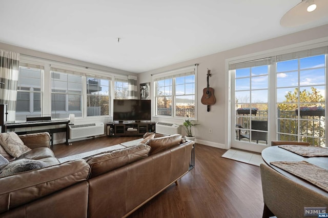 living room featuring a wall mounted air conditioner and dark hardwood / wood-style floors