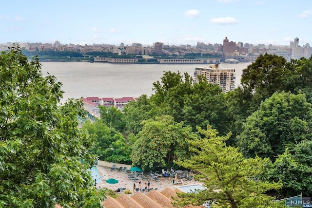 aerial view featuring a water view