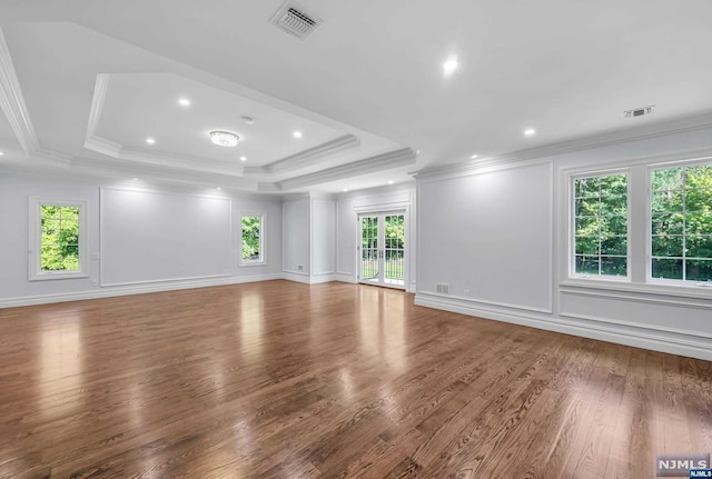 empty room featuring a raised ceiling, ornamental molding, and hardwood / wood-style flooring