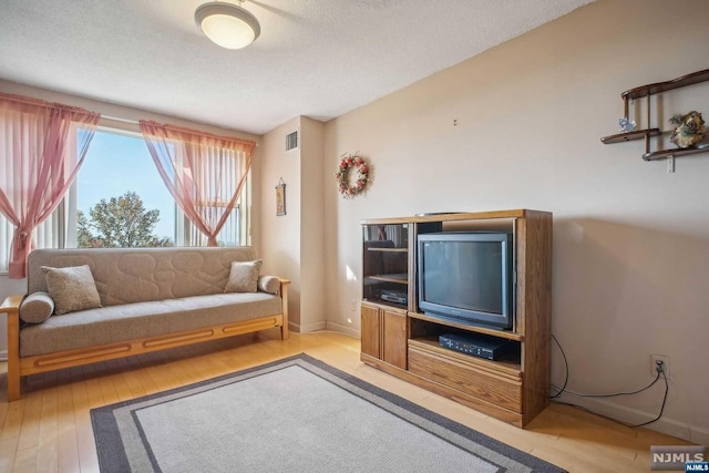 living room featuring light hardwood / wood-style floors and a textured ceiling