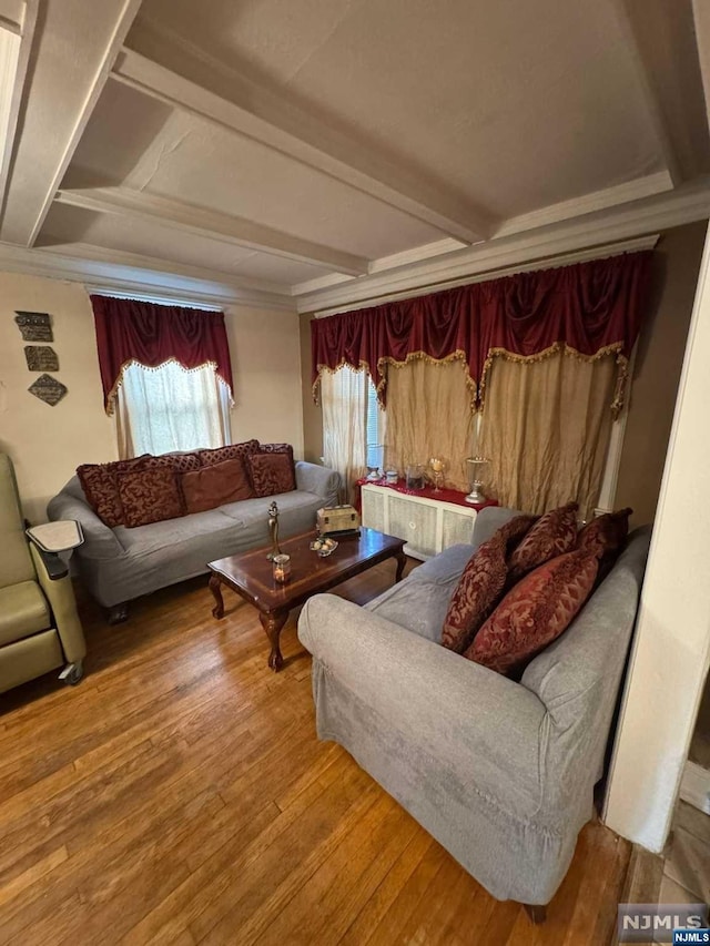 living room with beamed ceiling and wood-type flooring