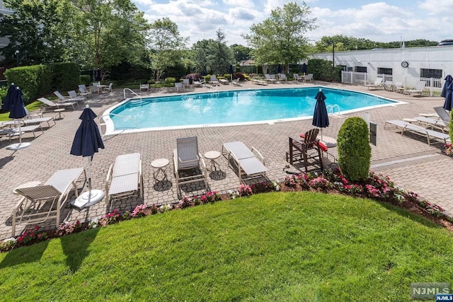 view of swimming pool featuring a lawn and a patio