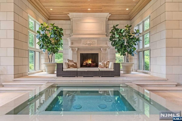 view of swimming pool featuring a fireplace