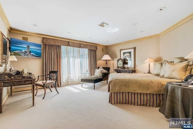 carpeted bedroom with crown molding