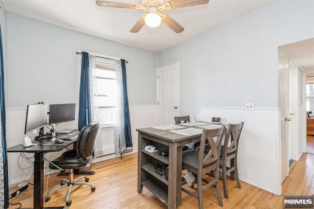 office area featuring ceiling fan and light wood-type flooring