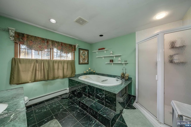 bathroom featuring baseboard heating and shower with separate bathtub