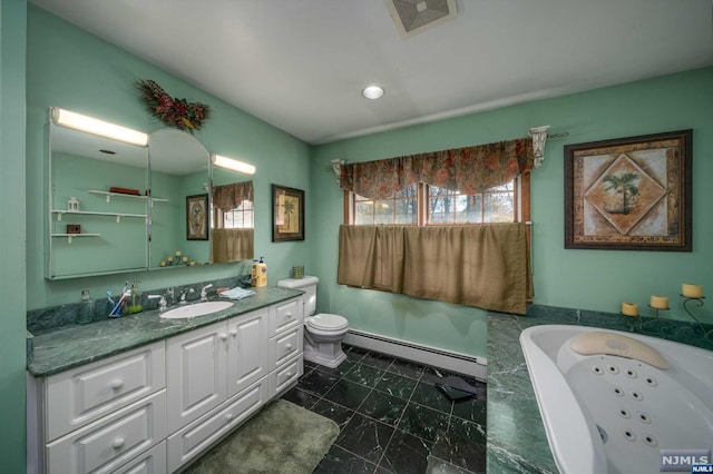 bathroom with toilet, vanity, a bath, and a baseboard heating unit