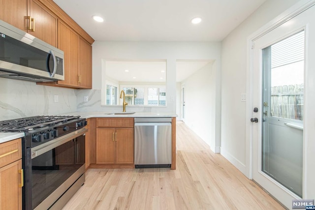 kitchen featuring backsplash, sink, appliances with stainless steel finishes, light hardwood / wood-style floors, and kitchen peninsula