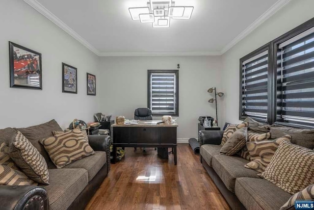 office space with crown molding and dark wood-type flooring