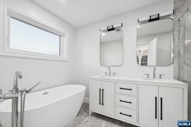 bathroom with vanity and independent shower and bath