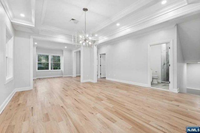 unfurnished living room with beam ceiling, light hardwood / wood-style floors, crown molding, and a chandelier