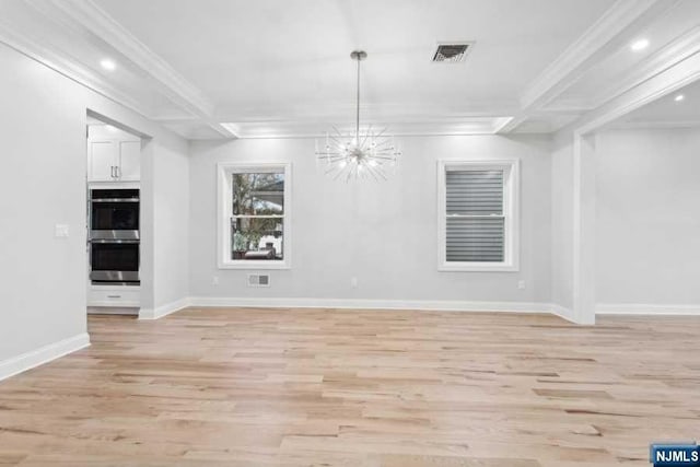 interior space featuring ornamental molding, light hardwood / wood-style floors, and an inviting chandelier