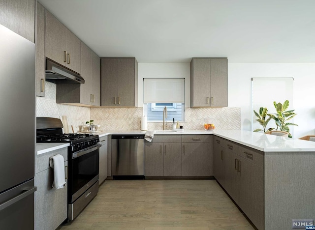 kitchen with kitchen peninsula, appliances with stainless steel finishes, gray cabinetry, sink, and hardwood / wood-style flooring