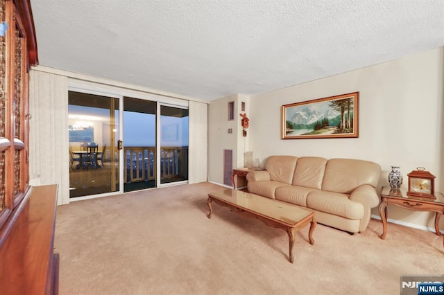 living room with light colored carpet and a textured ceiling