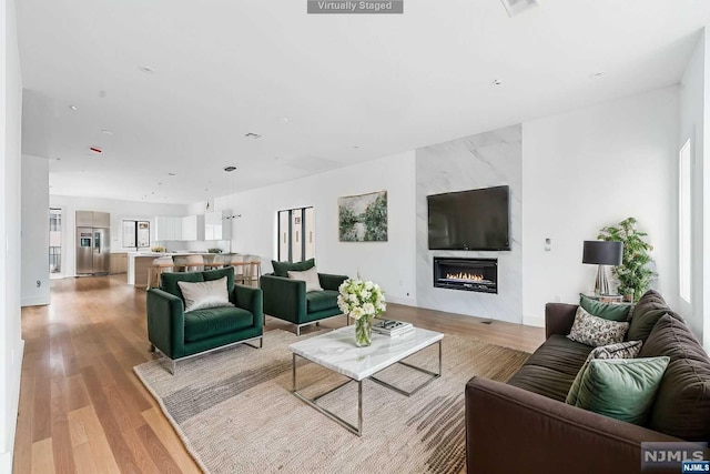 living room with light hardwood / wood-style flooring and a premium fireplace