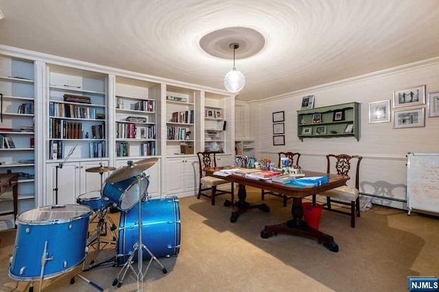 interior space with crown molding and light colored carpet