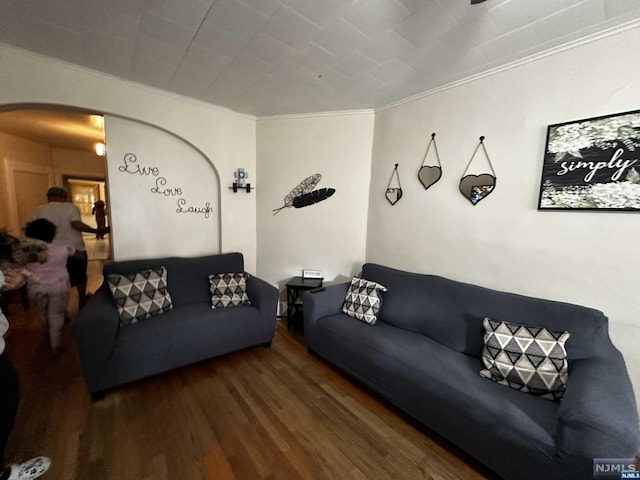 living room with wood-type flooring and crown molding