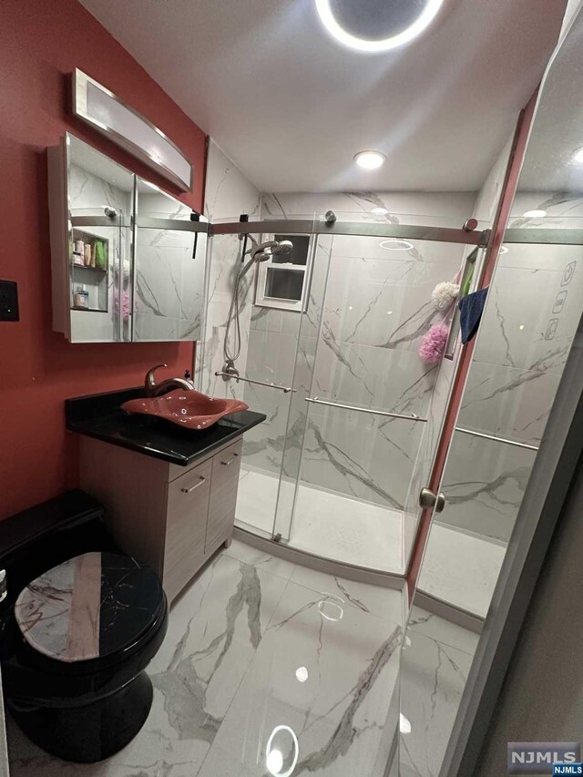 bathroom featuring toilet, vanity, and walk in shower