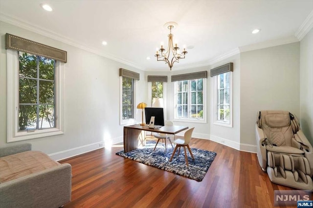 office area with ornamental molding, dark hardwood / wood-style floors, and a healthy amount of sunlight