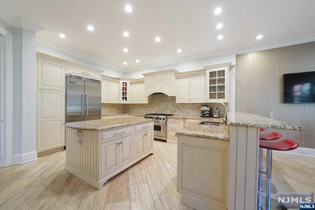 kitchen featuring a kitchen bar, a kitchen island with sink, sink, and premium appliances