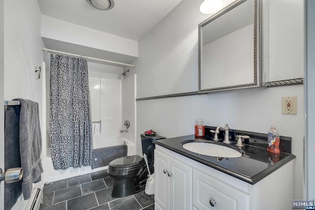 full bathroom featuring toilet, vanity, shower / bath combo, and a baseboard radiator