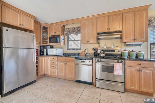 kitchen with dark stone counters, light tile patterned flooring, and stainless steel appliances