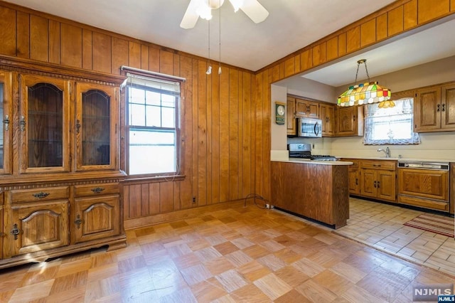 kitchen featuring wood walls, ceiling fan, a healthy amount of sunlight, and stainless steel appliances