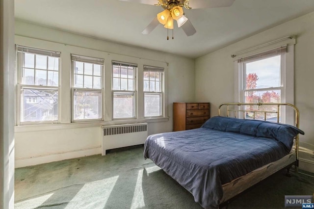 carpeted bedroom featuring ceiling fan, radiator, and multiple windows