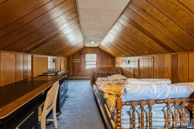 carpeted bedroom with wooden ceiling, wooden walls, and a baseboard radiator