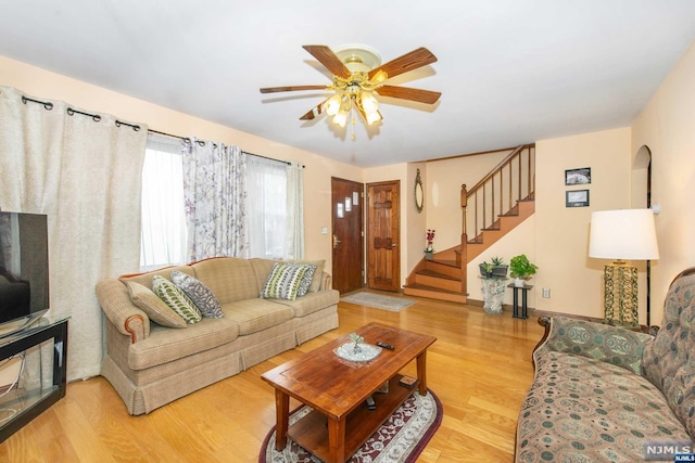 living room featuring ceiling fan and wood-type flooring