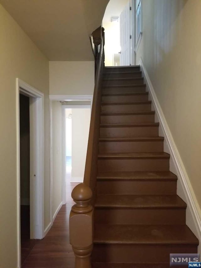 stairs with hardwood / wood-style flooring