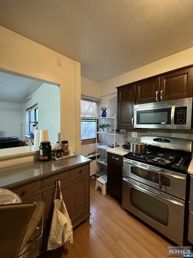 kitchen featuring dark brown cabinets, light wood-type flooring, and stainless steel appliances