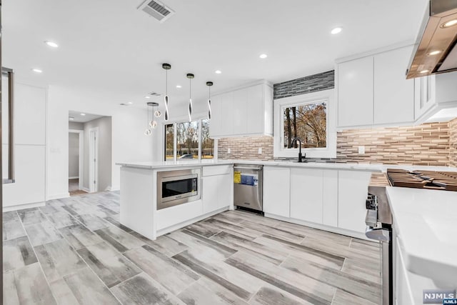 kitchen featuring a wealth of natural light, hanging light fixtures, stainless steel appliances, extractor fan, and white cabinets