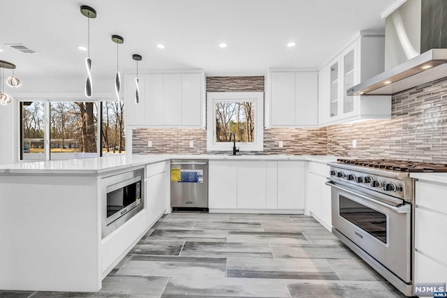 kitchen featuring white cabinets, appliances with stainless steel finishes, a wealth of natural light, and wall chimney range hood