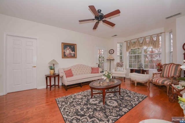 living room with ceiling fan and wood-type flooring