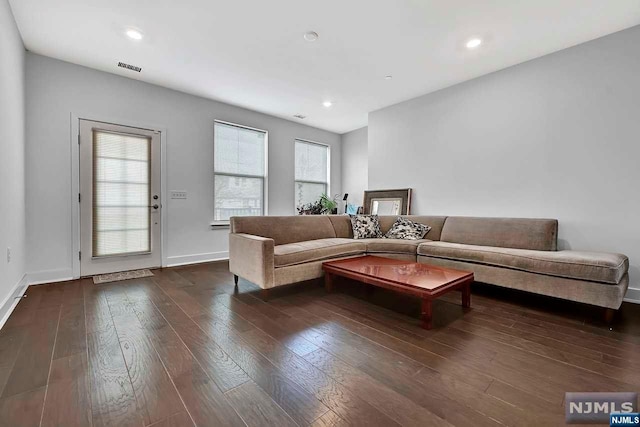 living room featuring dark hardwood / wood-style flooring