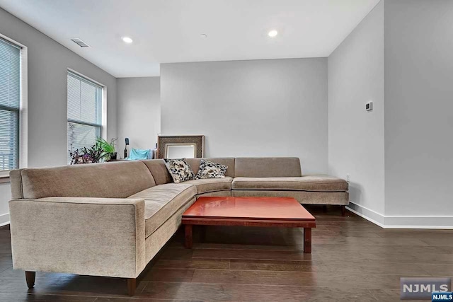 living room with dark hardwood / wood-style flooring