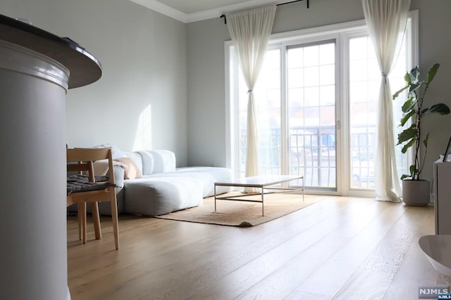 living area featuring light hardwood / wood-style flooring and crown molding