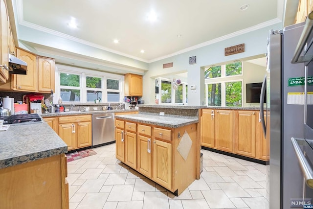 kitchen with appliances with stainless steel finishes, a center island, ornamental molding, and sink