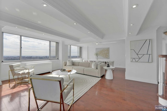 living room with beamed ceiling and wood-type flooring