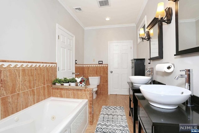 bathroom with crown molding, a bath, wood-type flooring, tile walls, and toilet