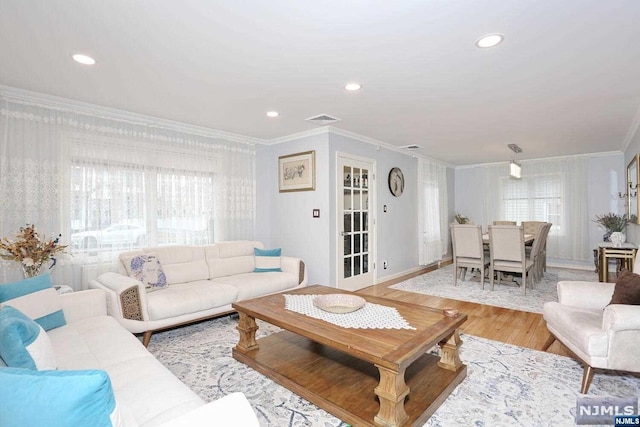 living room featuring light hardwood / wood-style flooring, a wealth of natural light, and crown molding