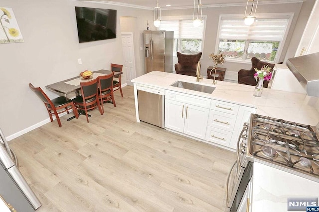 kitchen with sink, hanging light fixtures, light stone counters, appliances with stainless steel finishes, and light wood-type flooring