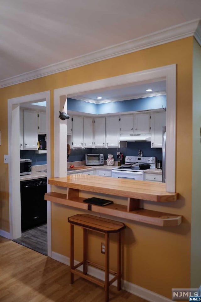 kitchen with dishwasher, white cabinets, crown molding, white range with electric stovetop, and dark hardwood / wood-style flooring