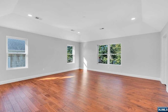 empty room featuring wood-type flooring and lofted ceiling