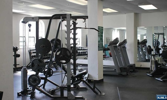 exercise room with a paneled ceiling and a wealth of natural light