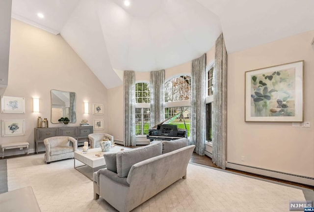 living room featuring a baseboard radiator and high vaulted ceiling